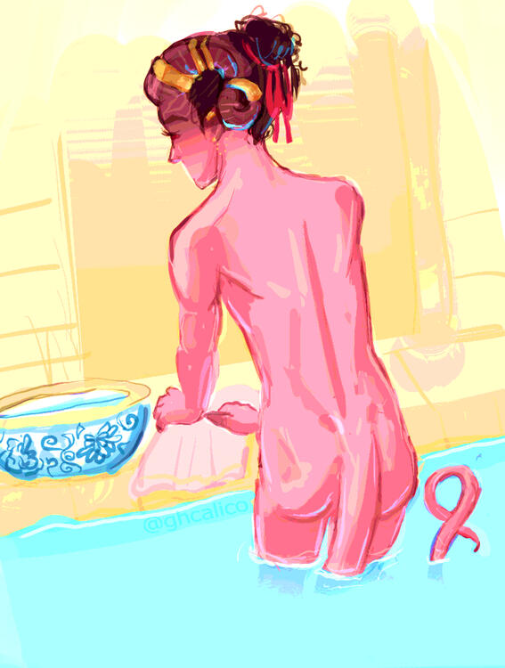 A pink tiefling bathing.